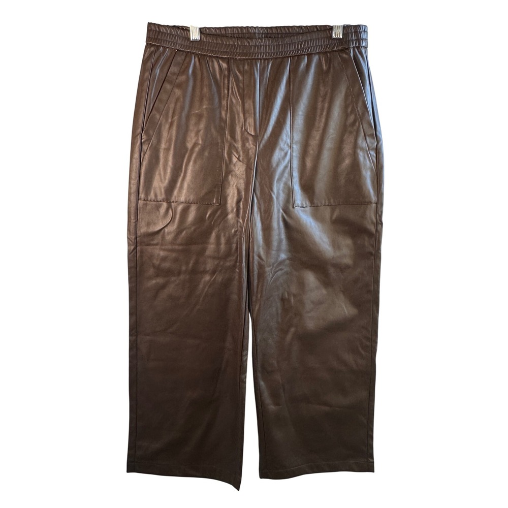 Renuar Faux Leather Wide Leg Pants Sz 8 NWT CROP Brown Pull On Luxe Chic Boho